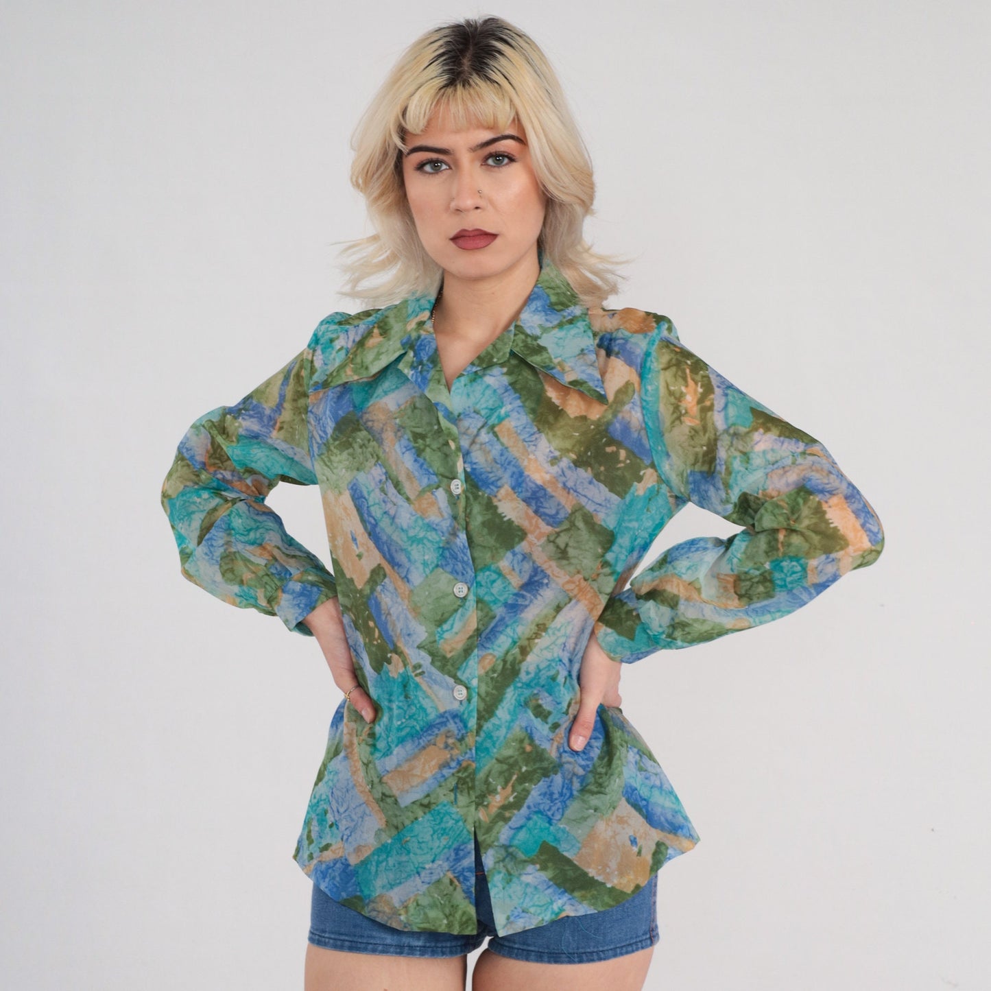70s Sheer Dagger Collar Button Up Blouse Blue Green Abstract Print Small