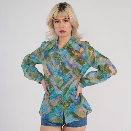 70s Sheer Dagger Collar Button Up Blouse Blue Green Abstract Print Small