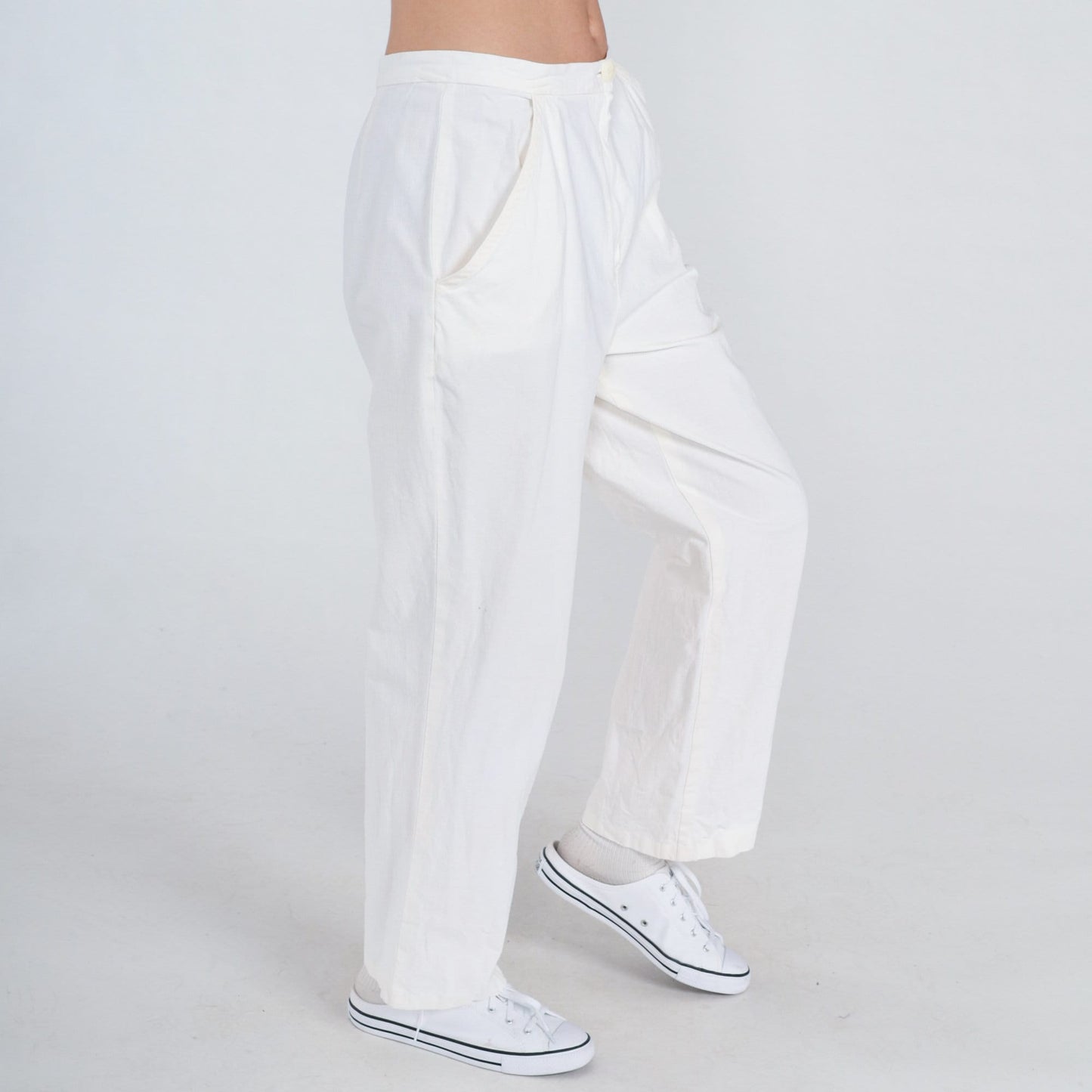 80s White Linen Straight Leg Trousers High Waist Vintage Medium M