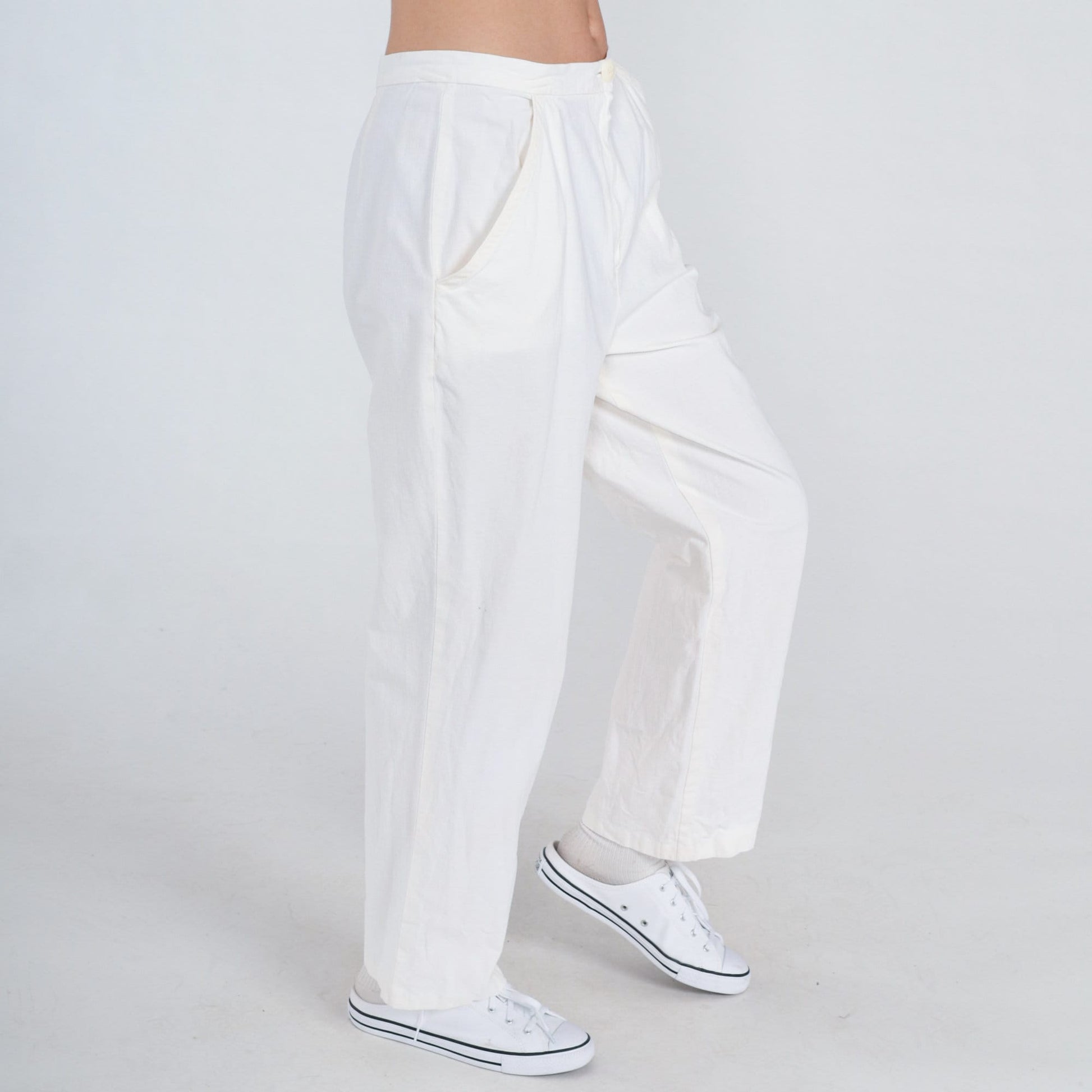 80s White Linen Straight Leg Trousers High Waist Vintage Medium M