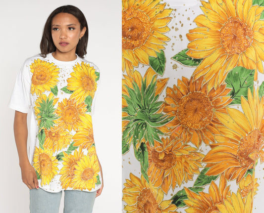 90s Sunflower Glitter Graphic T-Shirt White Cotton Tee Small
