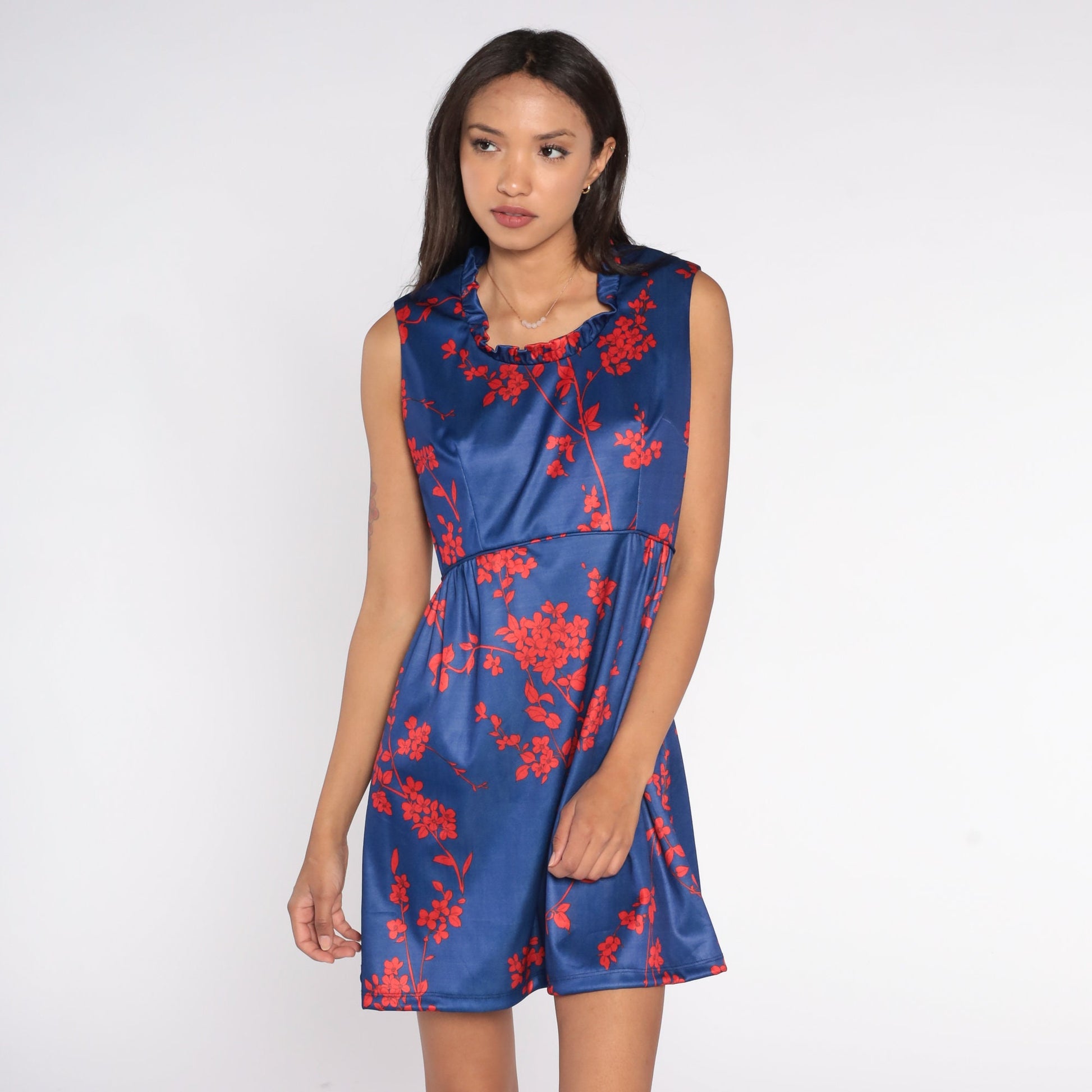 70s Emilio Borghese Babydoll Mini Dress Blue Floral Empire Waist Small