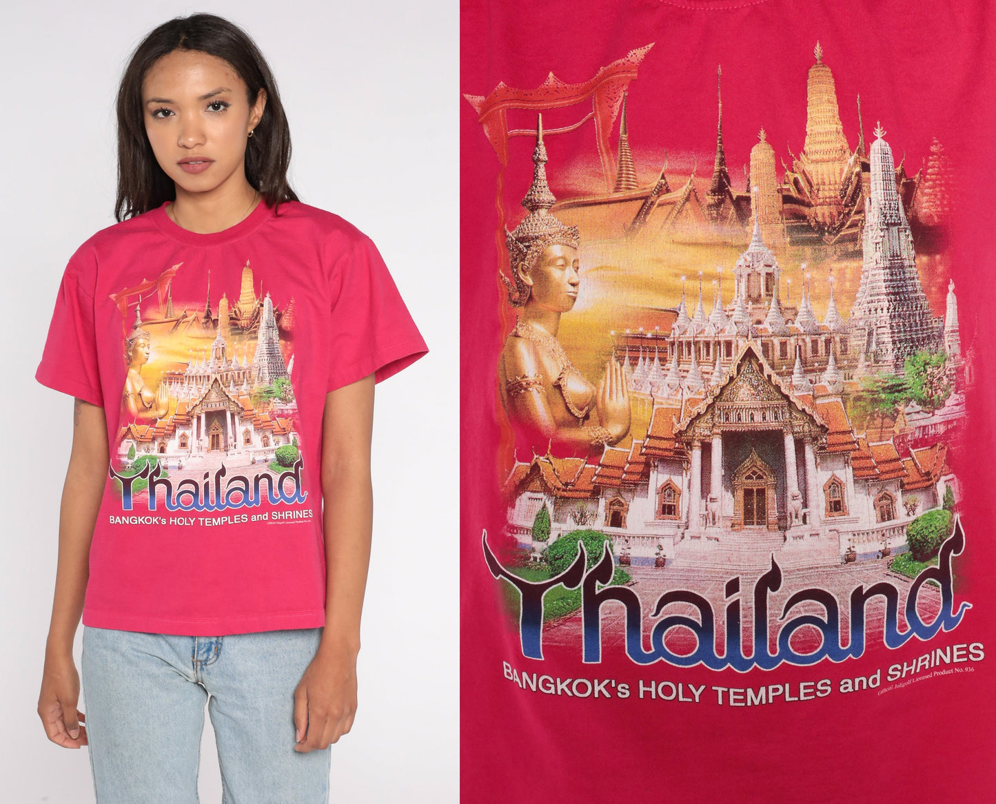 00s Bangkok Thailand Temples Graphic T-Shirt Hot Pink Cotton Medium
