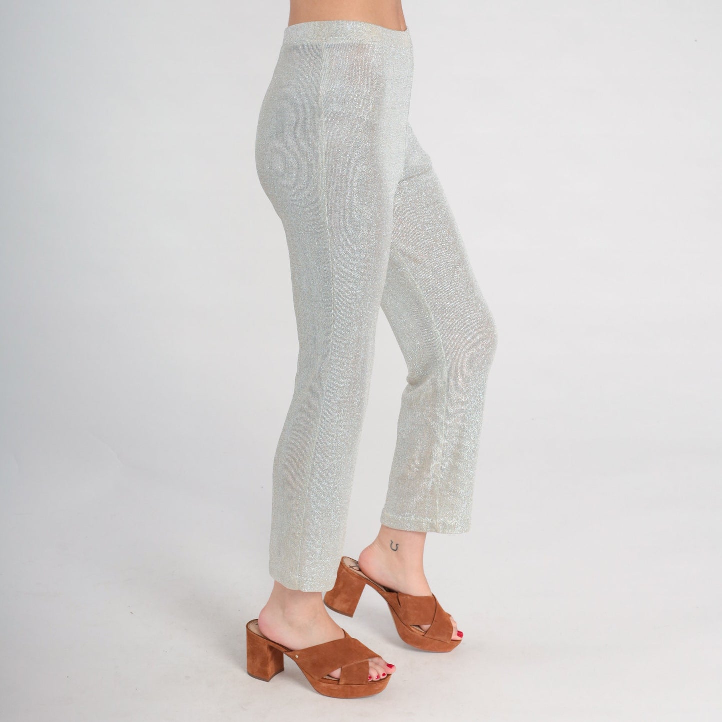90s Metallic Silver Lurex Skinny Pants High Waist Elastic Medium