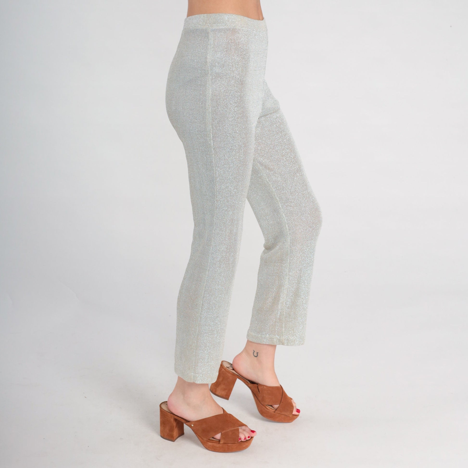 90s Metallic Silver Lurex Skinny Pants High Waist Elastic Medium
