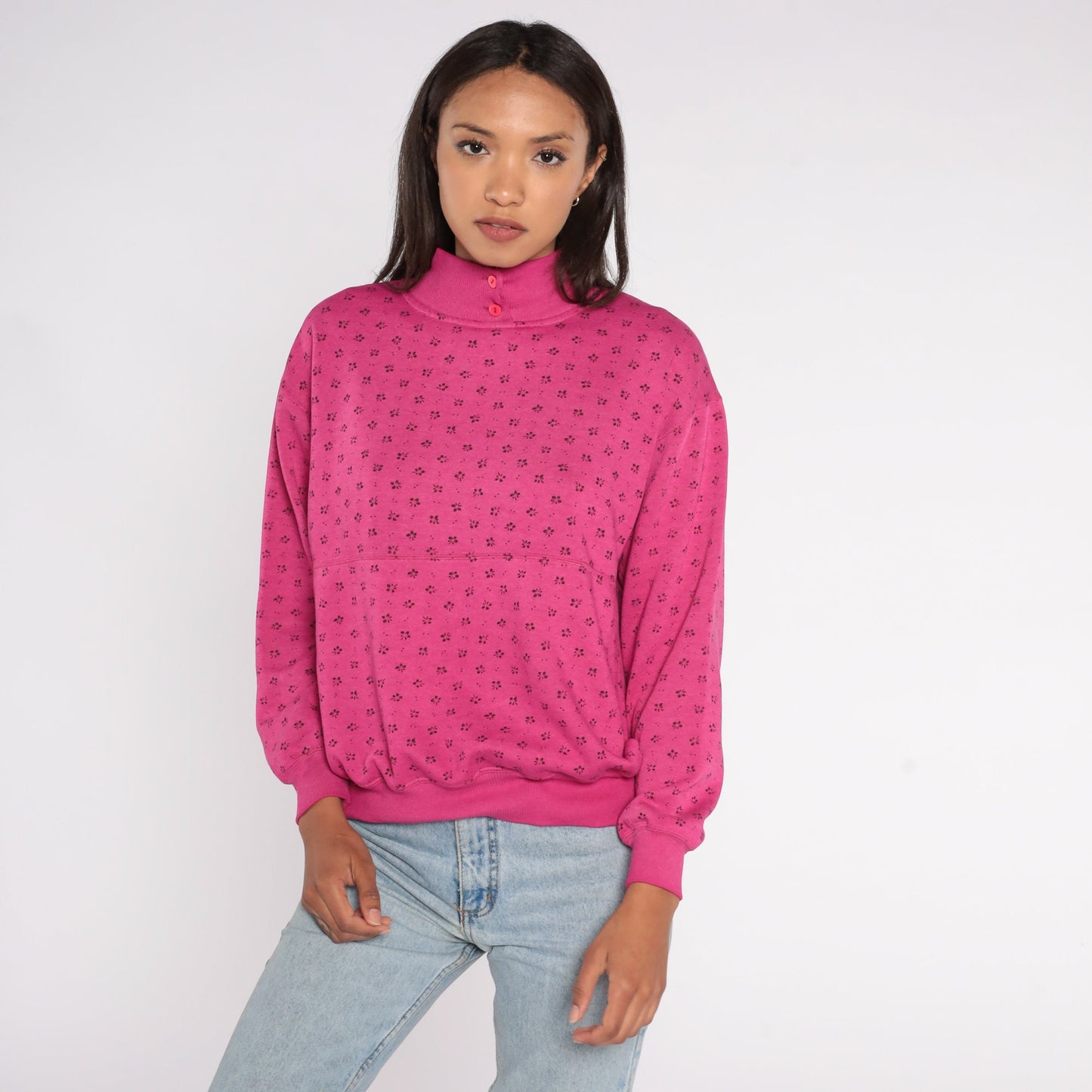 80s Floral All Over Print Sweatshirt Pink Mock Neck Medium