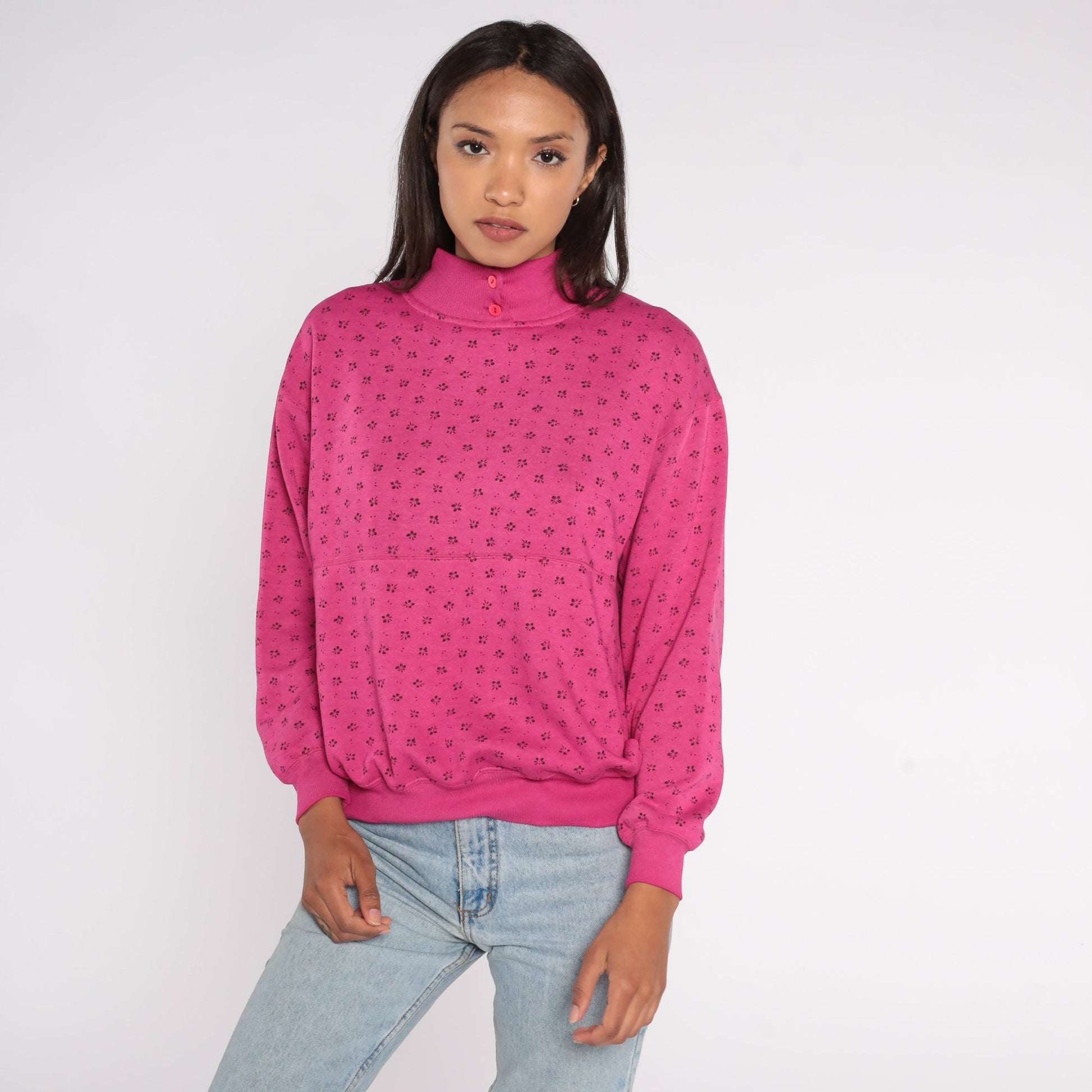 80s Floral All Over Print Sweatshirt Pink Mock Neck Medium