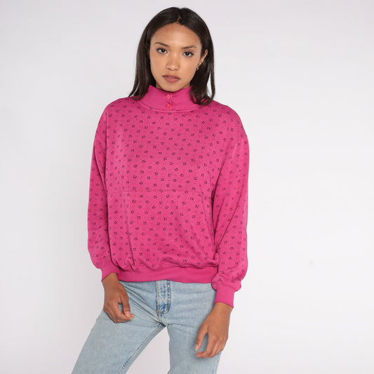 80s Floral All Over Print Sweatshirt Pink Mock Neck Medium