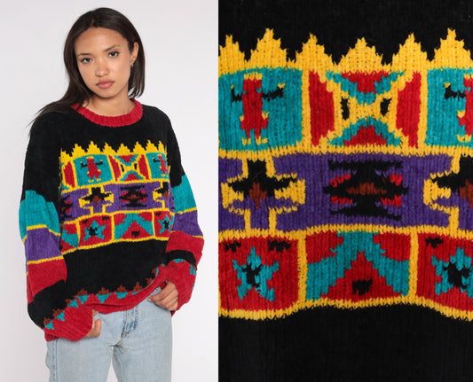 90s Geometric Chenille Sweater Red Black Star People Pullover Extra Large XXL