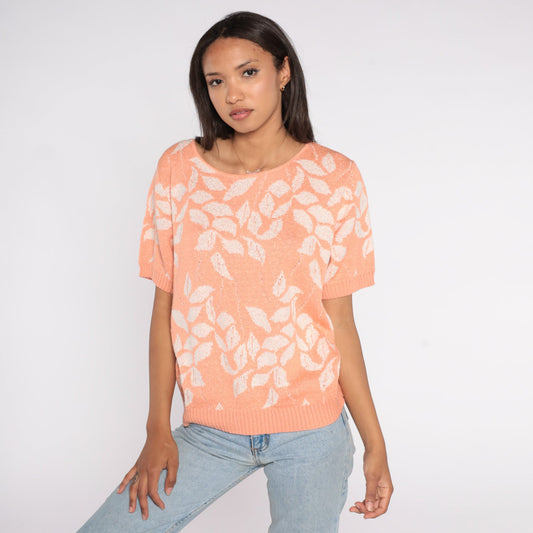 80s Orange Leaf Knit Sweater Short Sleeve Botanical Print Extra Large XXL