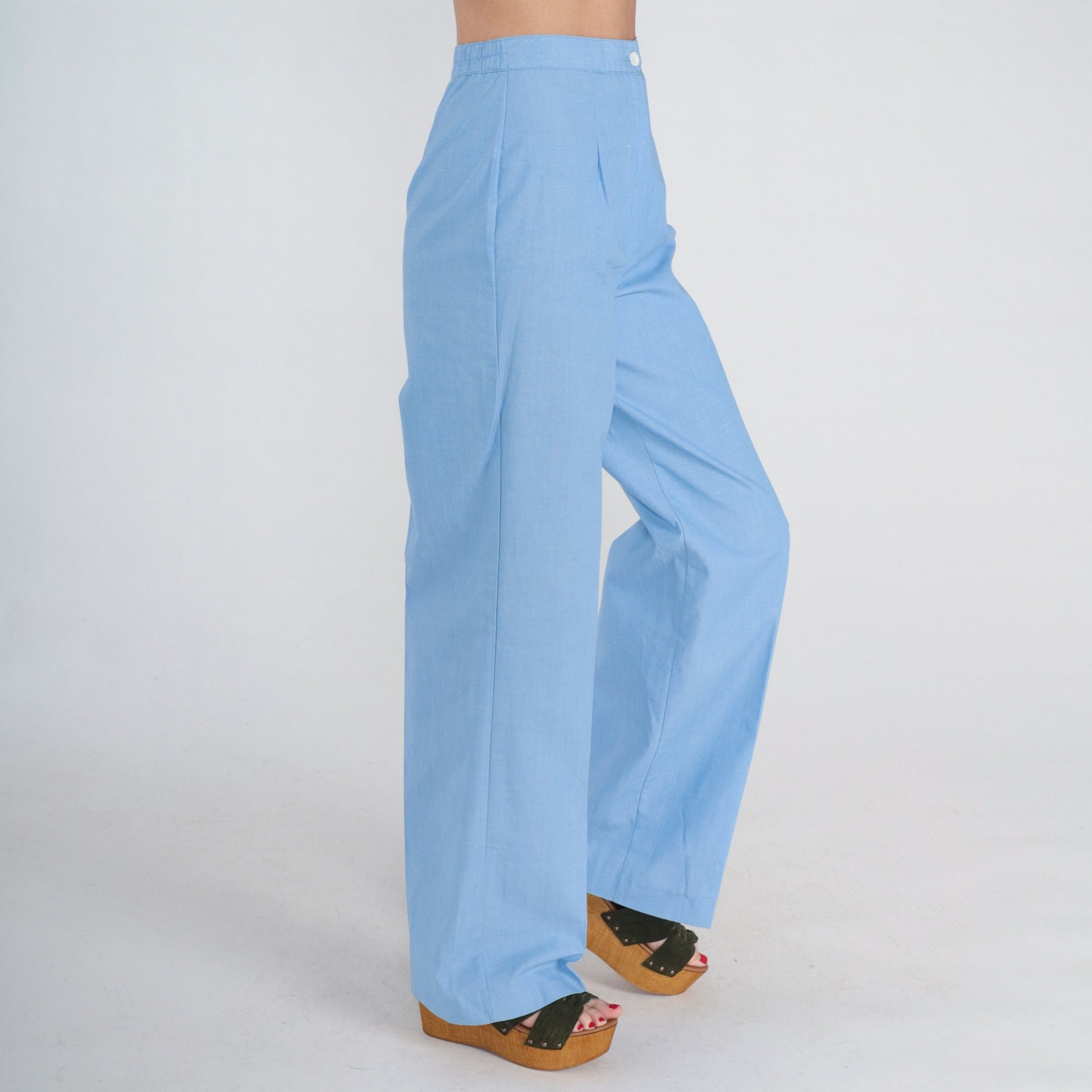 70s Blue High-Waisted Straight Leg Trousers Pleated Crease Small