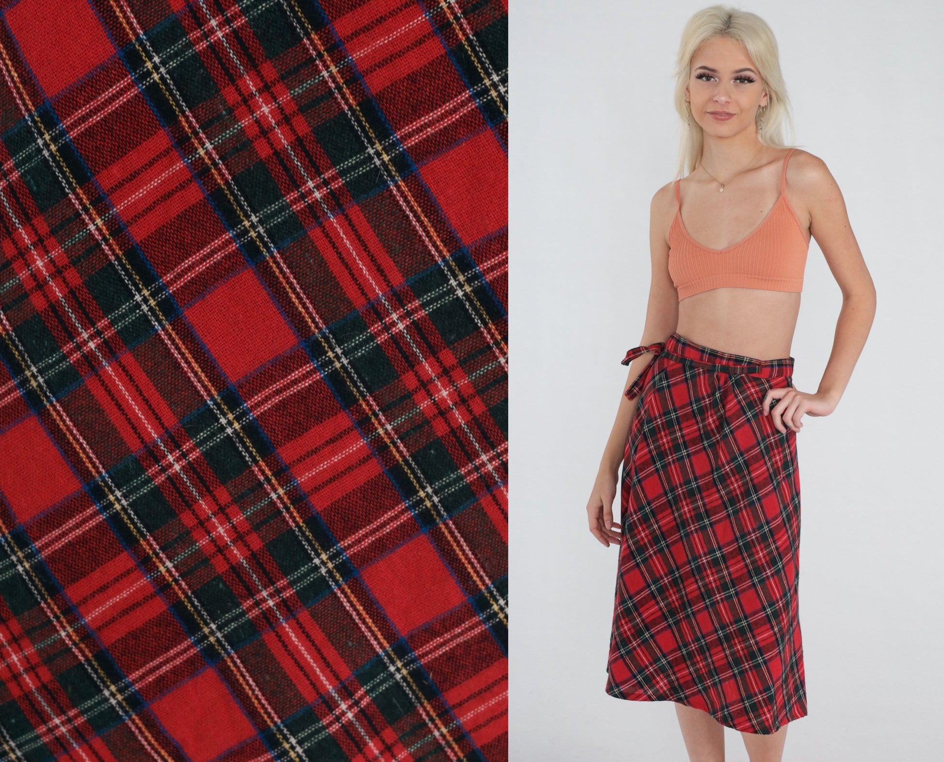80s Red Plaid Wool Blend Midi Wrap Skirt High Waist Small Medium