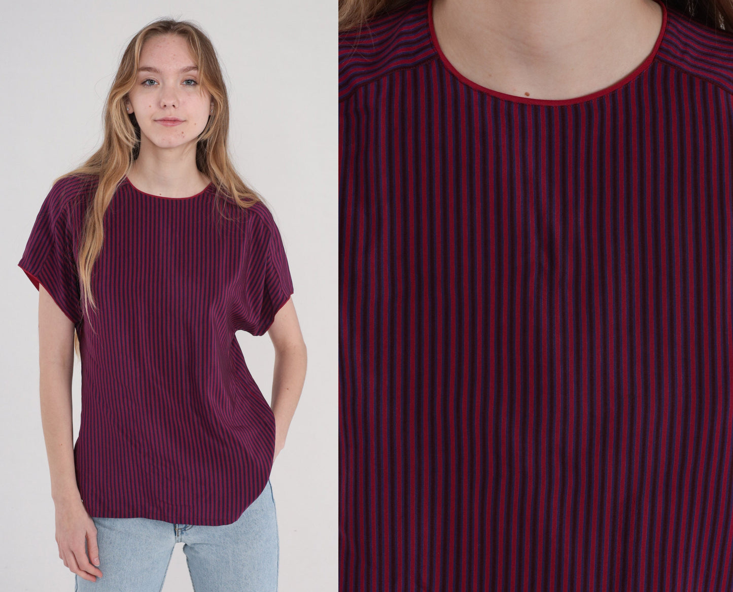 90s Silk Blouse Red Blue Striped Short Sleeve Button Back Small