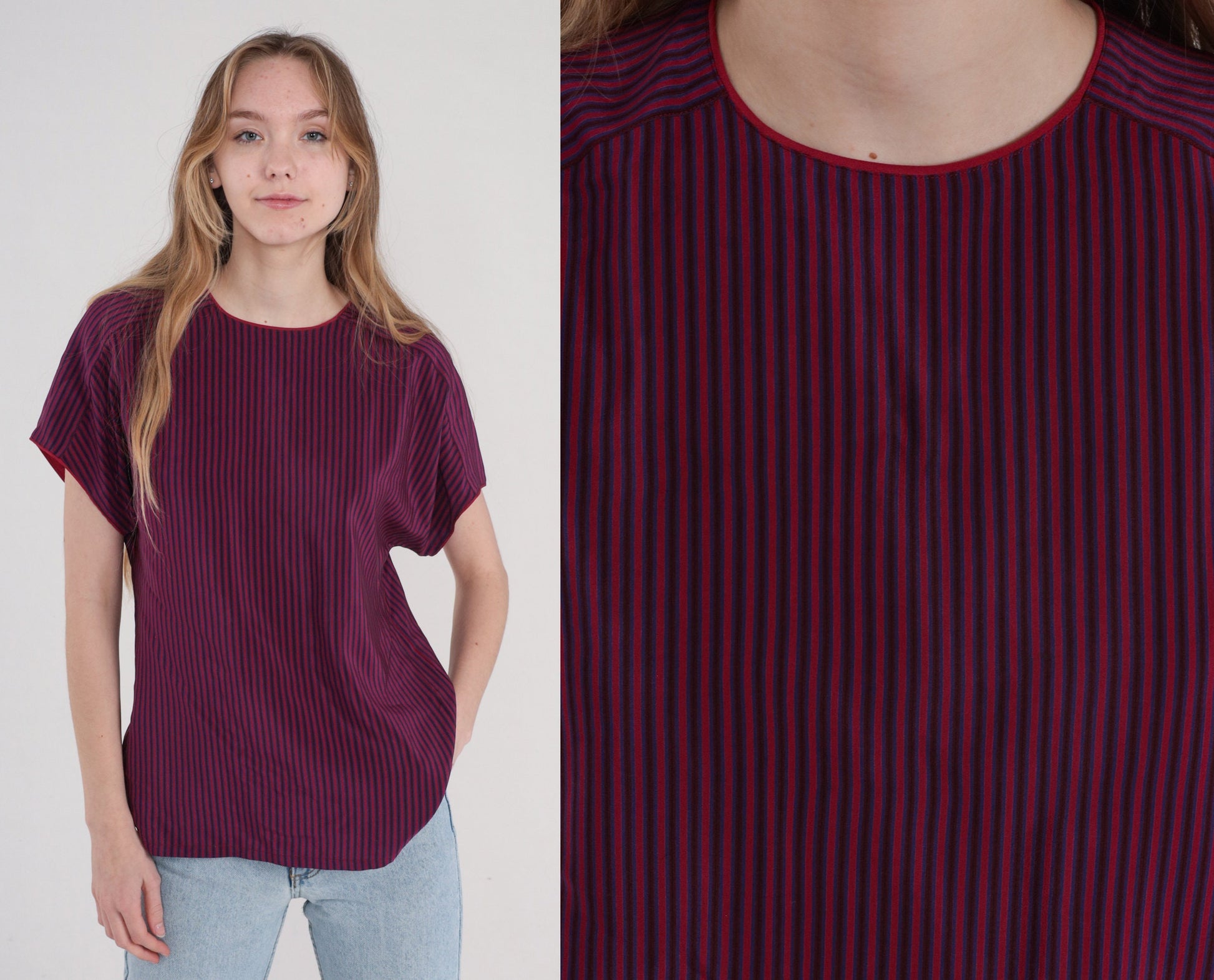 90s Silk Blouse Red Blue Striped Short Sleeve Button Back Small