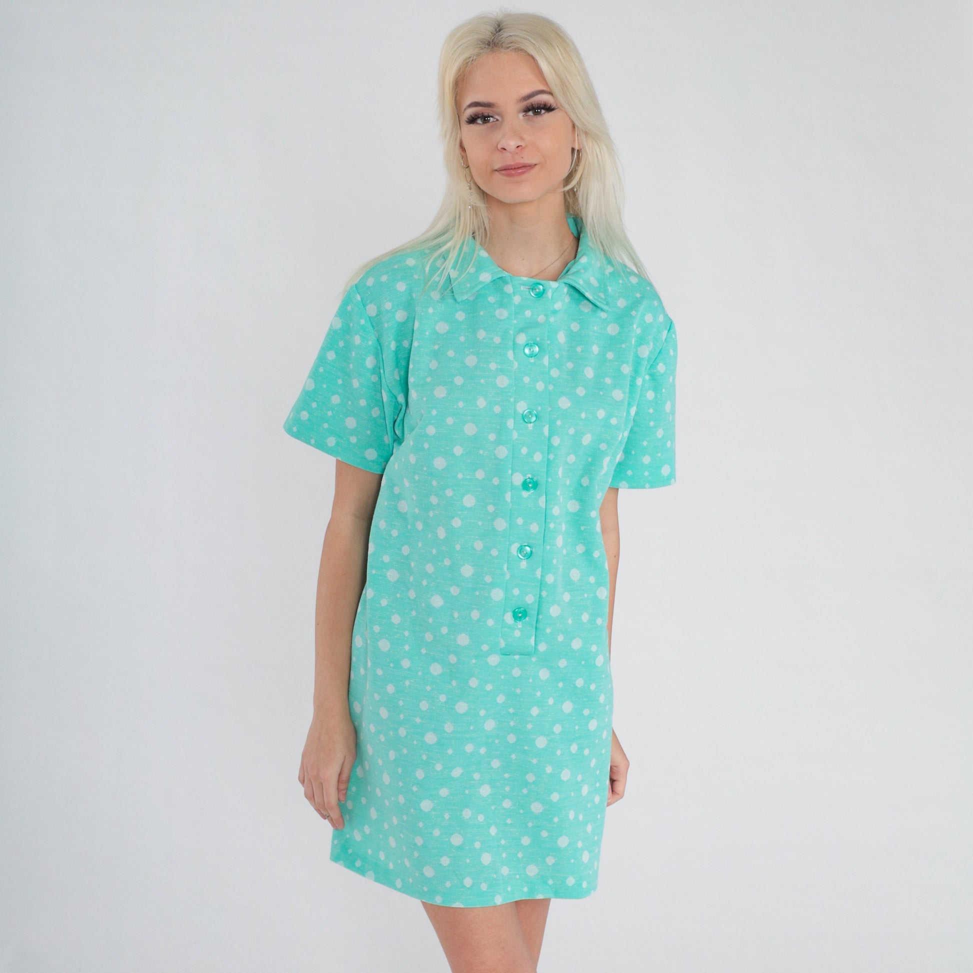 70s Blue-Green Polka Dot Shift Dress Collared Mini Short Sleeve Large L