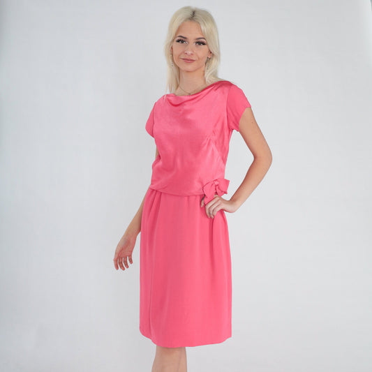 60s Pink Shift Dress Cowl Neck Cap Sleeve Bow Waist Knee Length Medium M