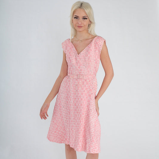 1950s Pink Gingham Mini Dress Rhinestone Cap Sleeve V Neck High Waist Small