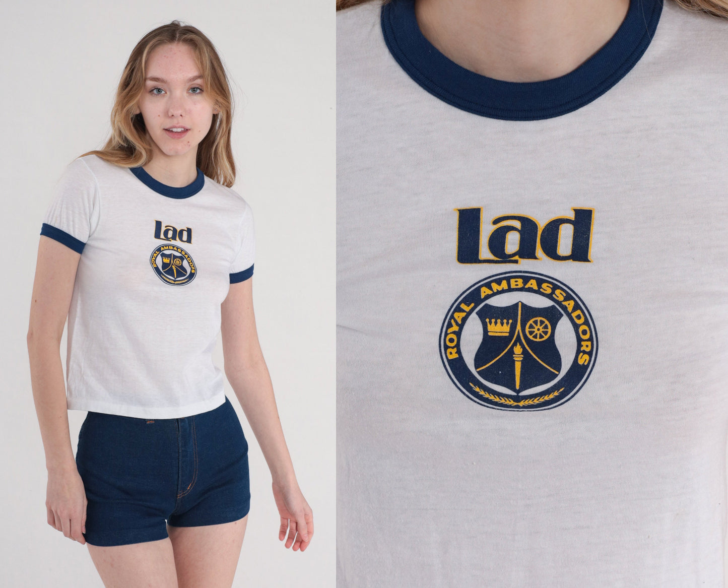 80s Royal Ambassador Lad Christian Ministry Ringer Tee White Blue XS