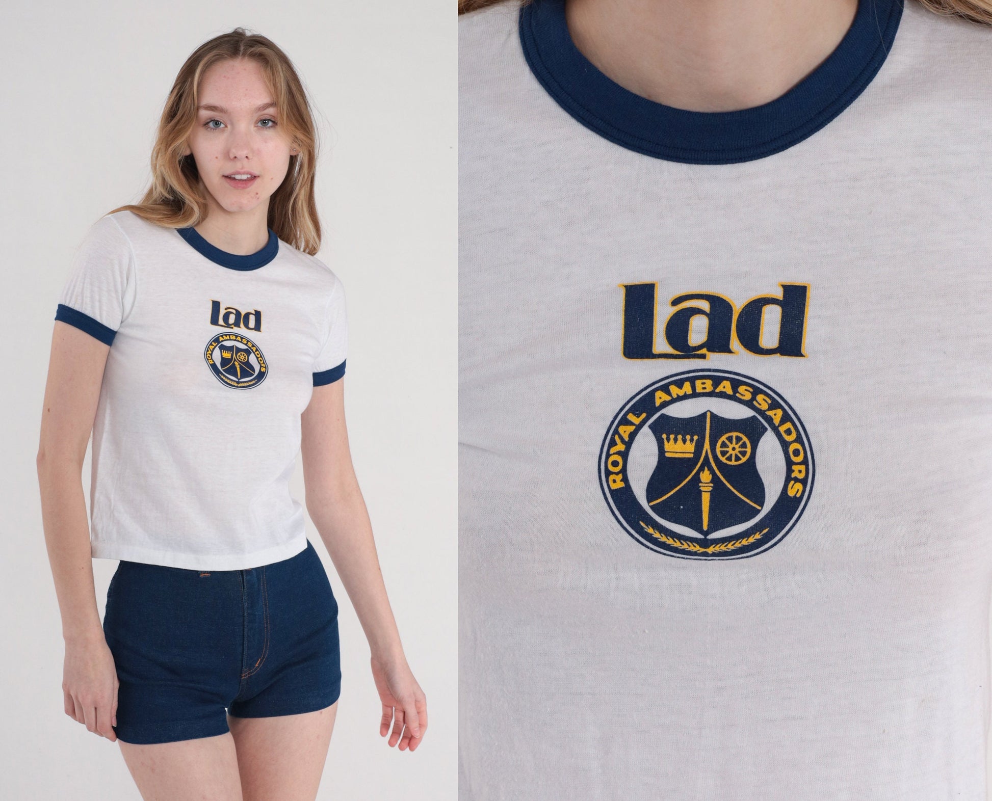 80s Royal Ambassador Lad Christian Ministry Ringer Tee White Blue XS