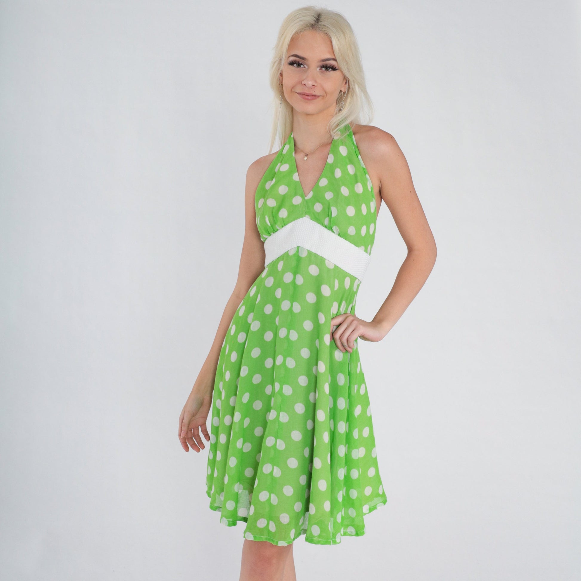 70s Green Polka Dot Halter Mini Dress Empire Waist Low Back Small