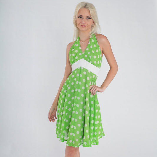 70s Green Polka Dot Halter Mini Dress Empire Waist Low Back Small