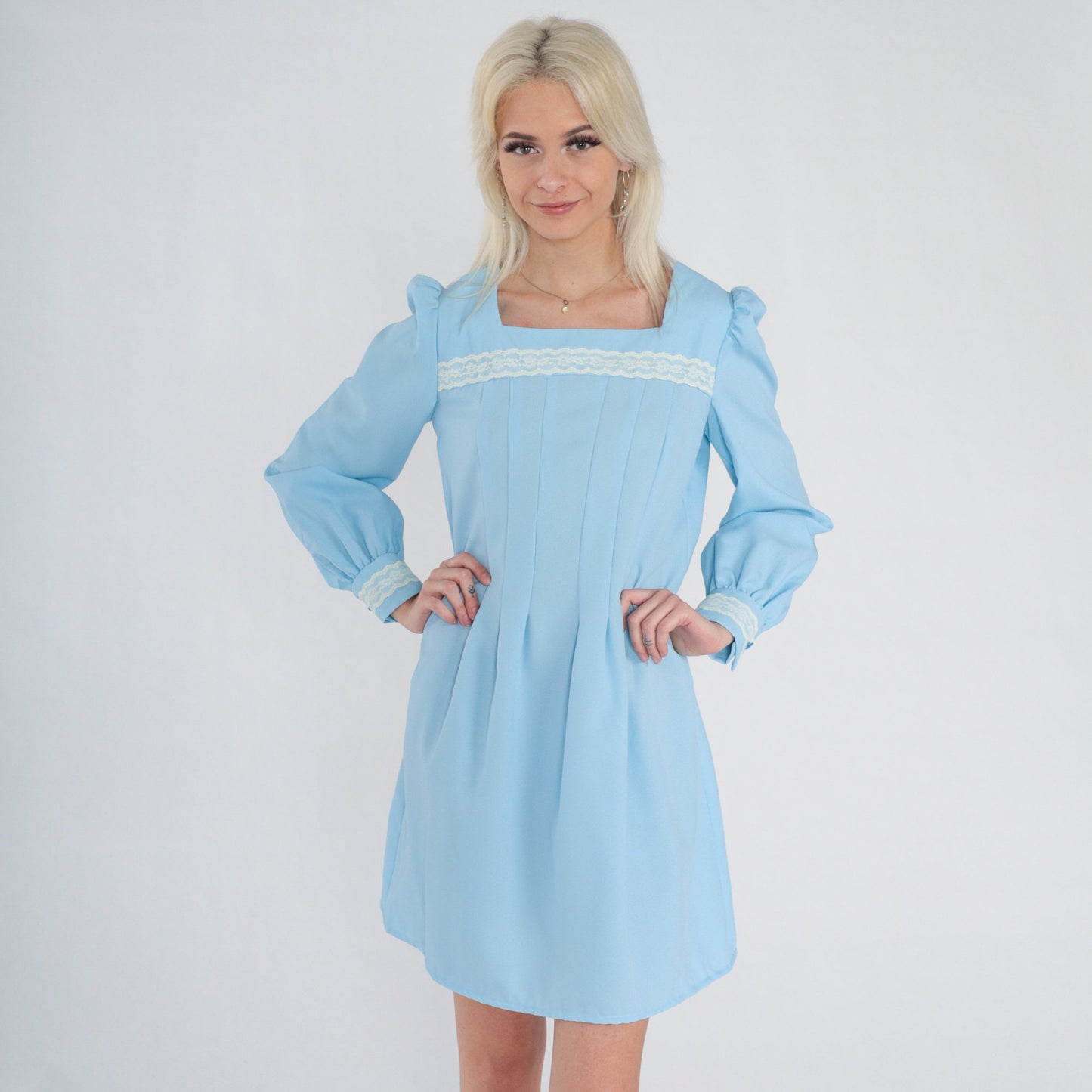 70s Blue Mini Dress Puff Sleeve Pleated Lace Trim Small