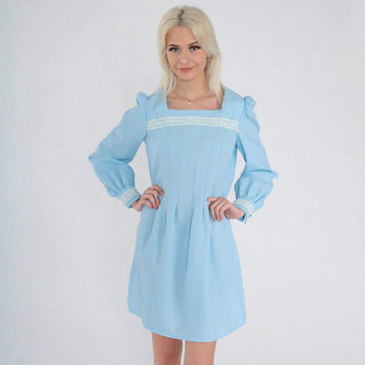 70s Blue Mini Dress Puff Sleeve Pleated Lace Trim Small