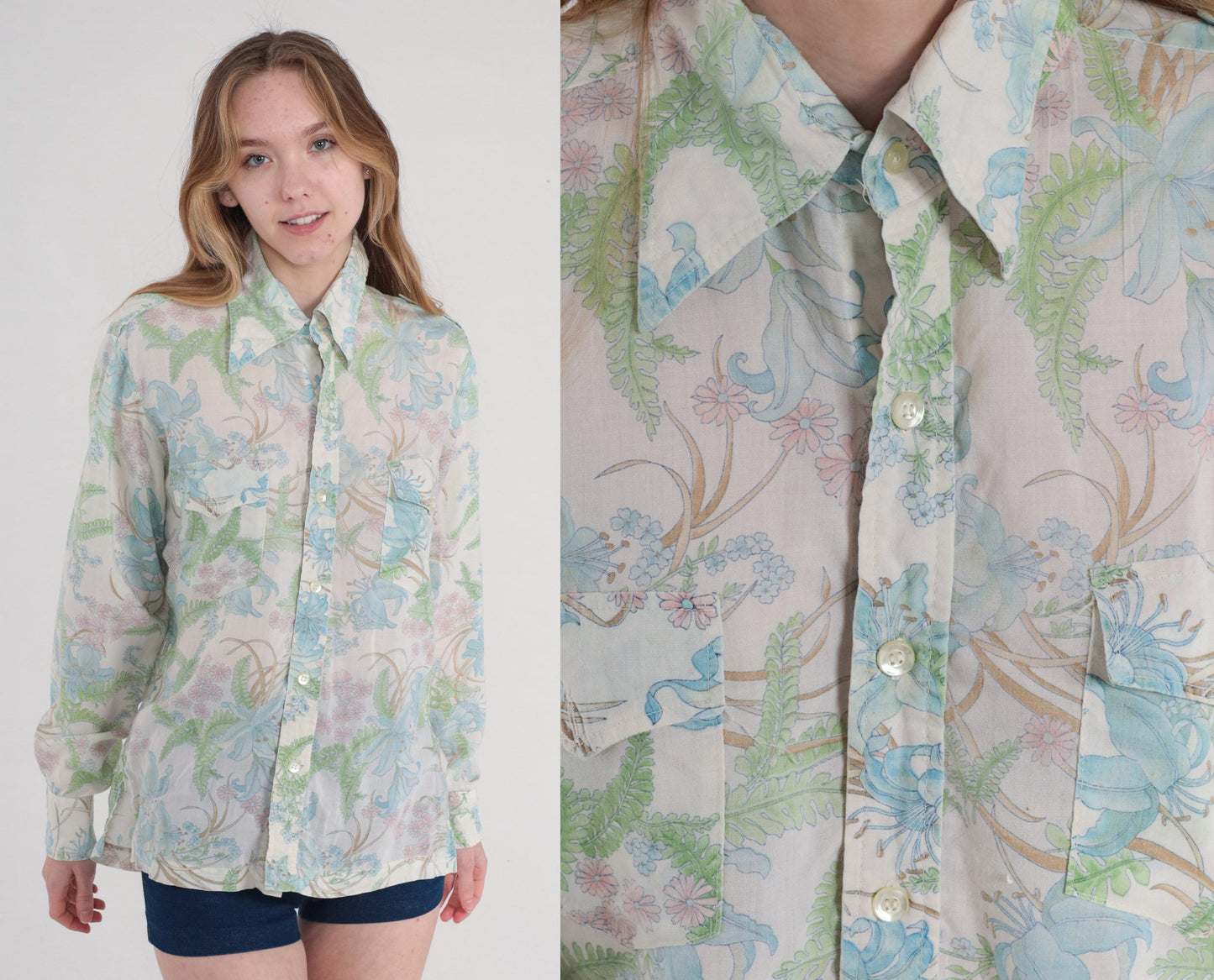 70s Botanical Floral Button-Up Shirt Fern Leaf Print Long Sleeve Large L