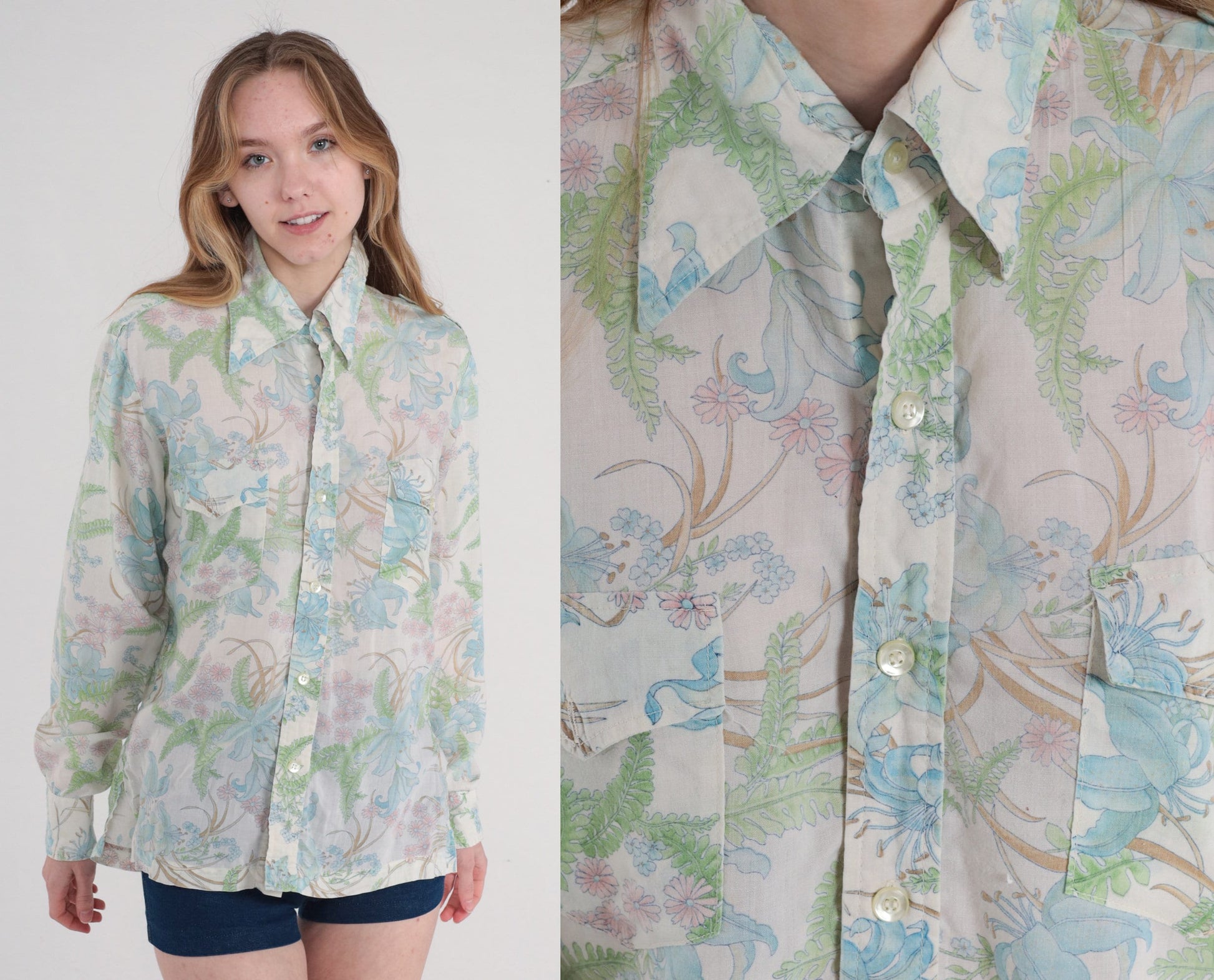 70s Botanical Floral Button-Up Shirt Fern Leaf Print Long Sleeve Large L
