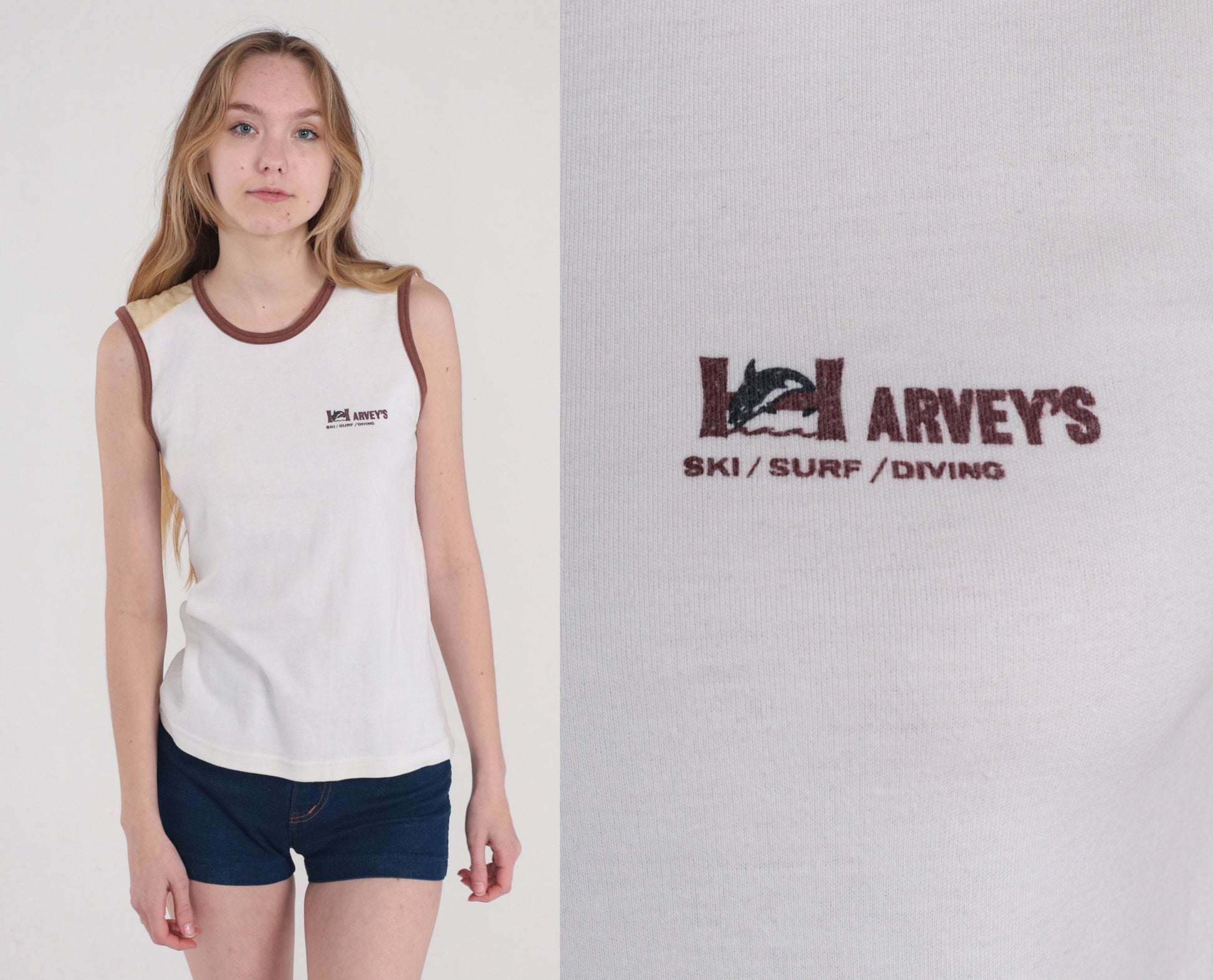 70s Harvey's Ski Surf Diving Orca Whale Tank Top White Ringer Small