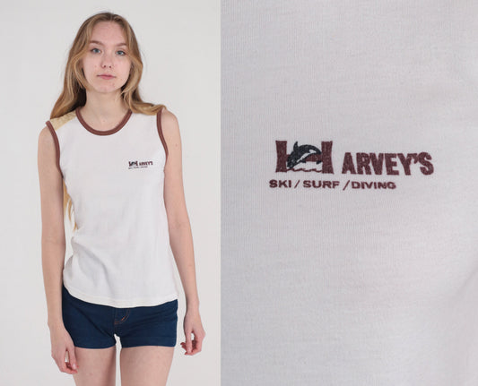 70s Harvey's Ski Surf Diving Orca Whale Tank Top White Ringer Small