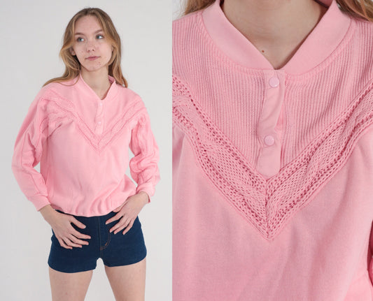 80s Pink Cable Knit Henley Sweatshirt Snap Pullover Small