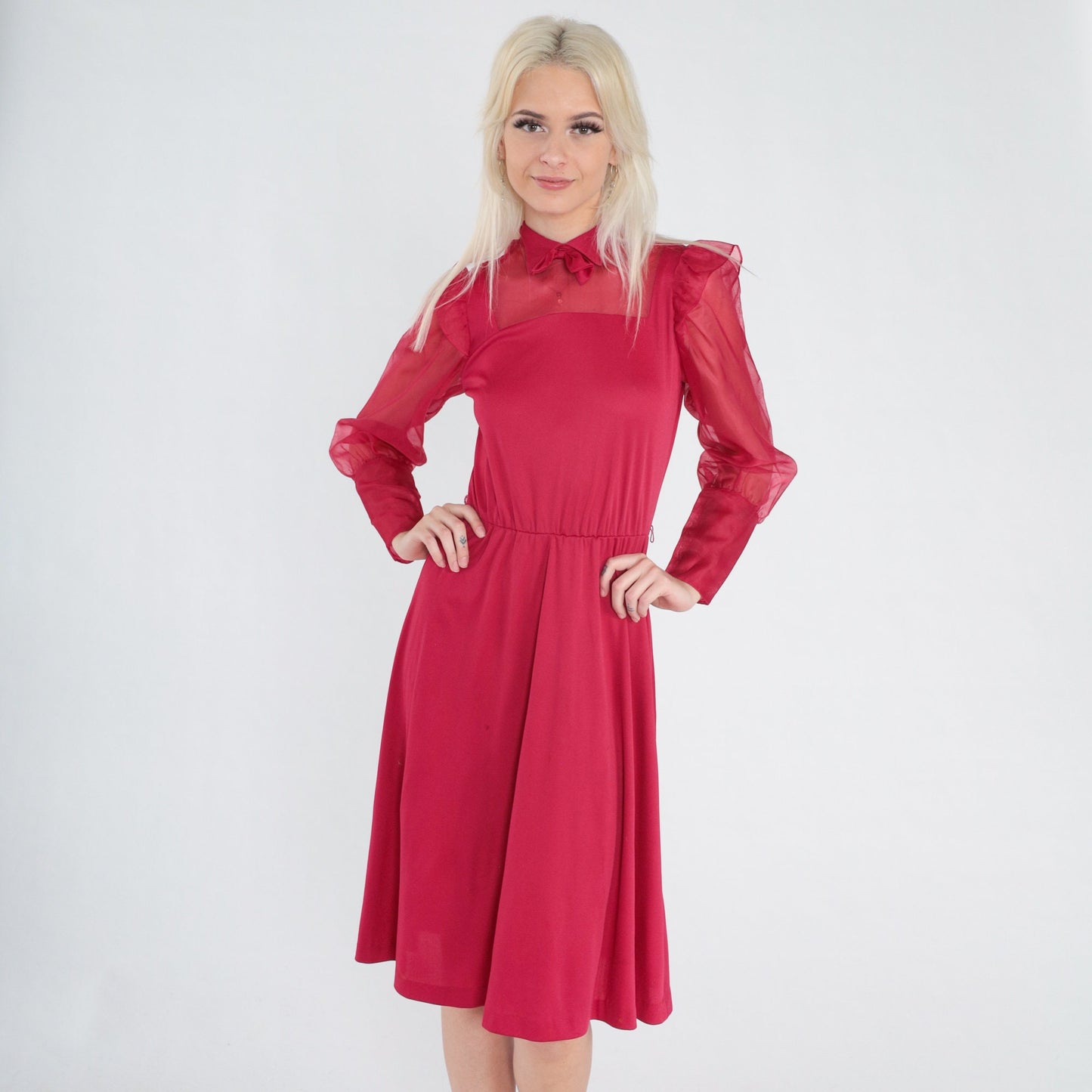 70s Raspberry Red Midi Dress Collared Bow Tie Ruffled Sheer Sleeve Extra Small
