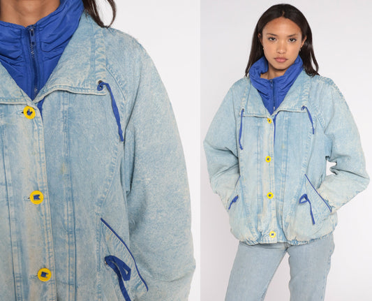 90s Acid Wash Denim Puffer Jacket Blue Funnel Neck Button Up Small S