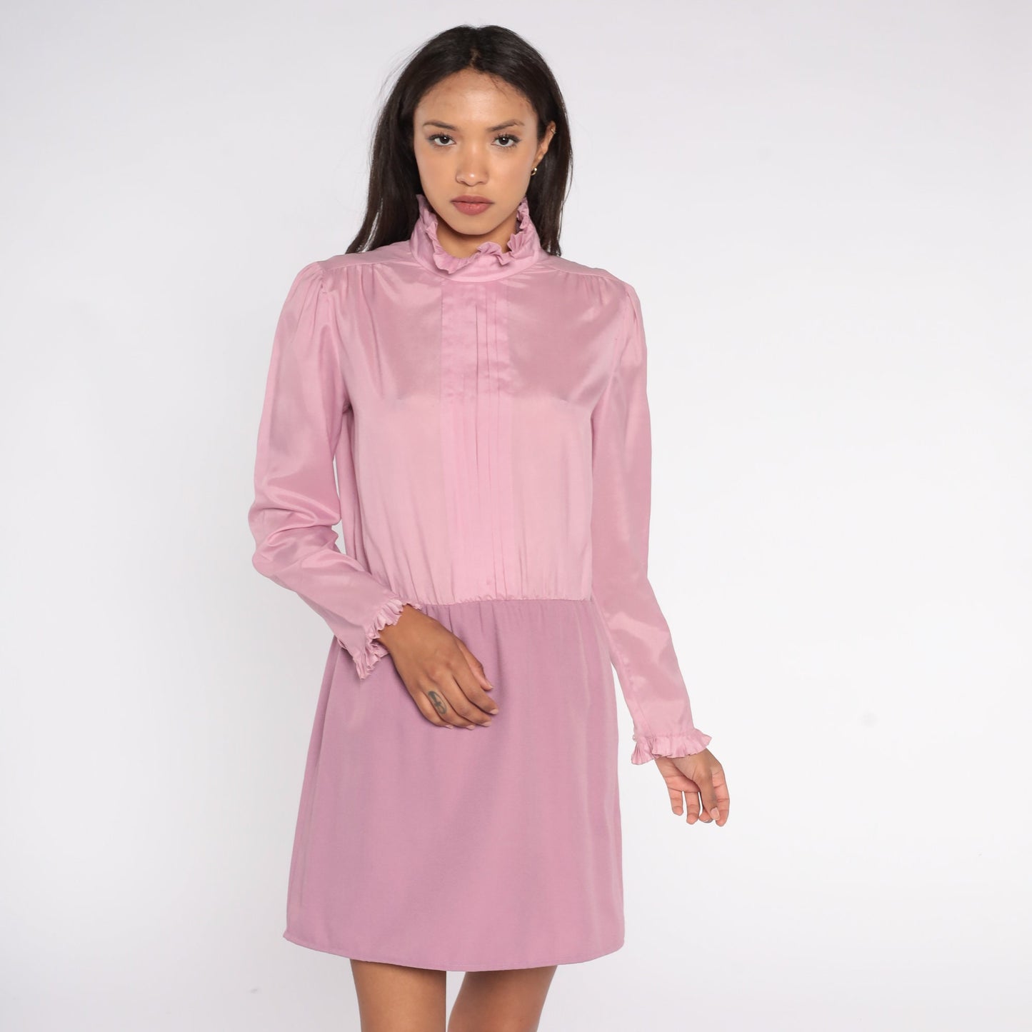 70s Pink Mini Dress Ruffle Collar Puff Sleeve High Waist Medium