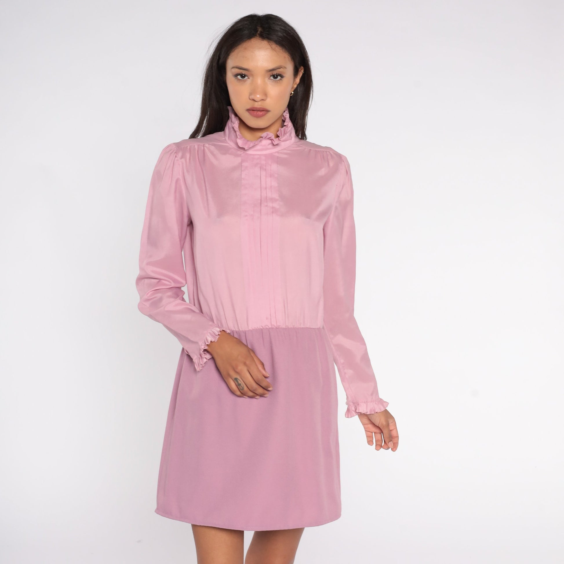 70s Pink Mini Dress Ruffle Collar Puff Sleeve High Waist Medium