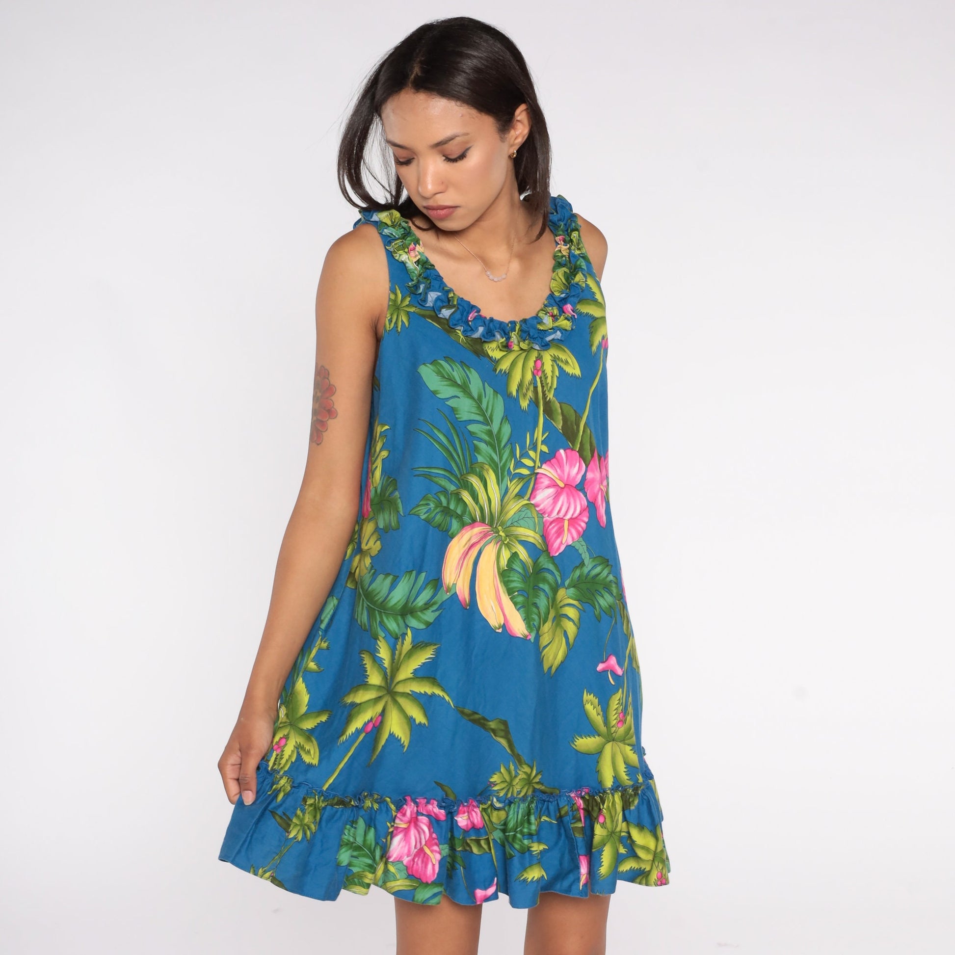 Y2K Tropical Floral Banana Mini Dress Sleeveless Ruffled Trim Green Blue Pink Large