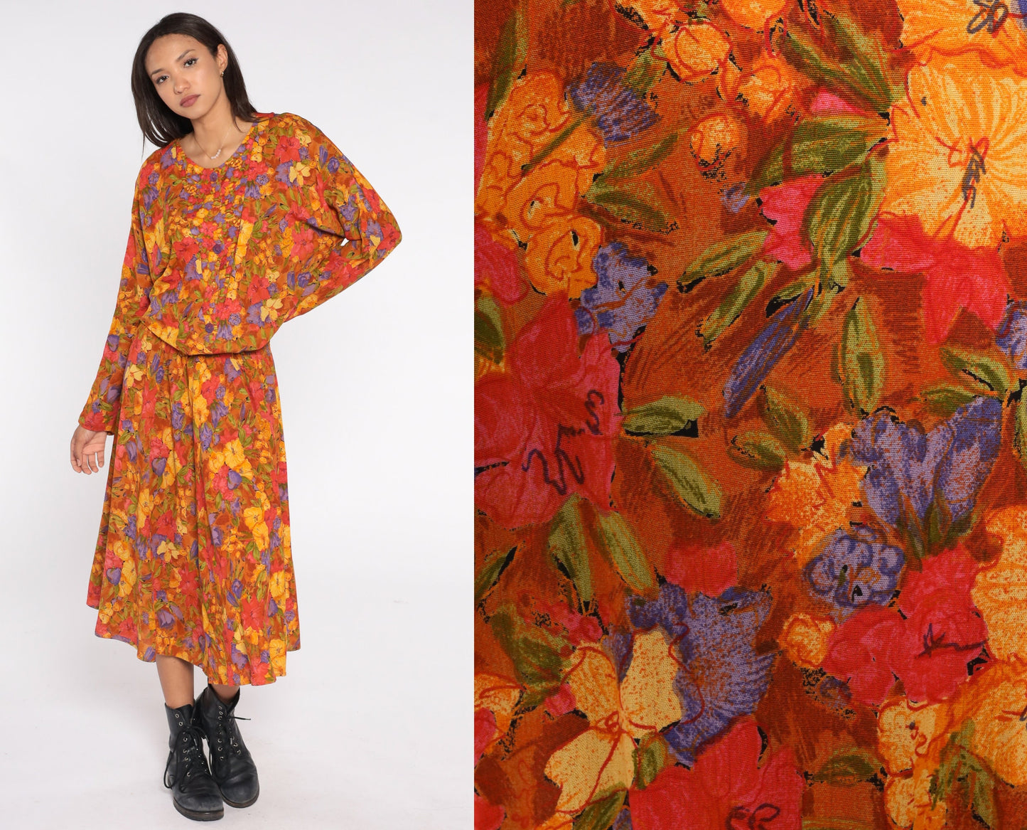 80s Burnt Orange Floral Blouson Maxi Dress Dolman Sleeve Button-Up Medium 8