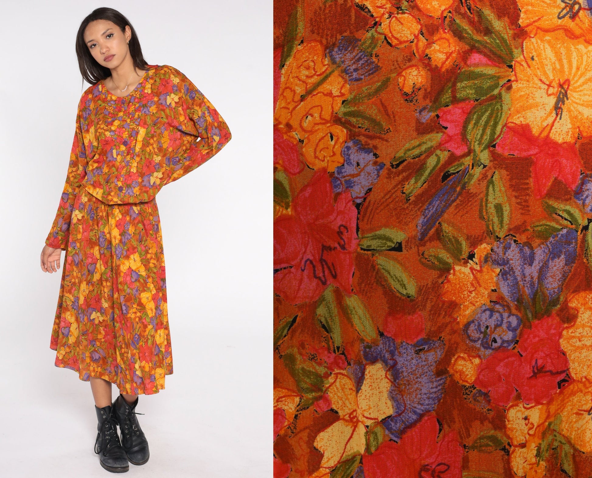 80s Burnt Orange Floral Blouson Maxi Dress Dolman Sleeve Button-Up Medium 8