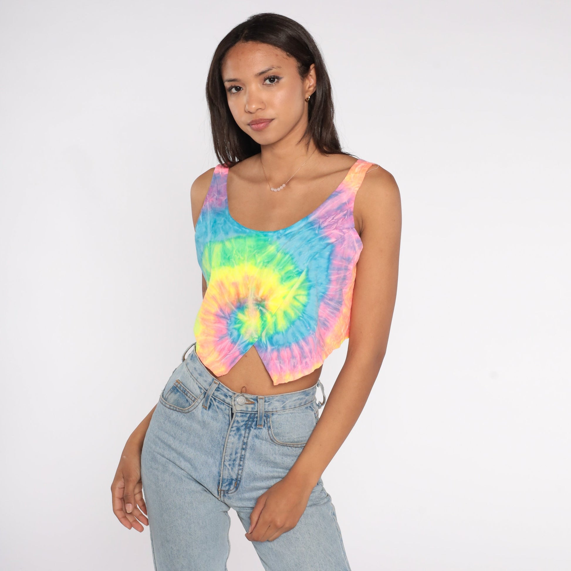 90s Neon Tie Dye Crop Tank Top In Gear Cotton Sleeveless Large