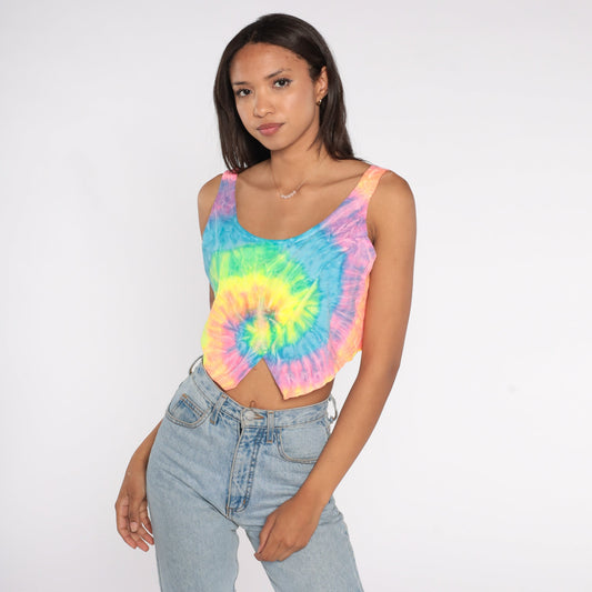 90s Neon Tie Dye Crop Tank Top In Gear Cotton Sleeveless Large