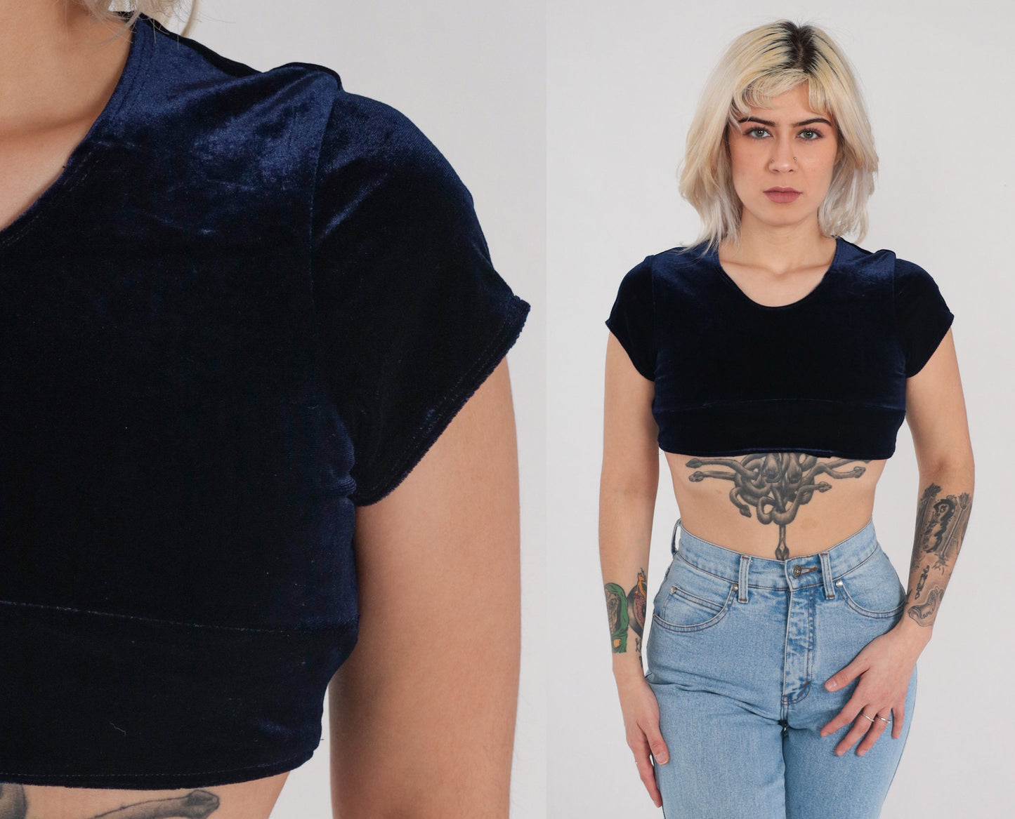 Y2K Navy Velvet Crop Top Short Sleeve Blouse Small XS