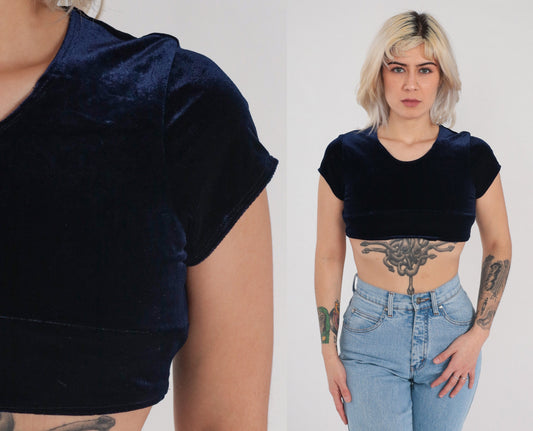 Y2K Navy Velvet Crop Top Short Sleeve Blouse Small XS
