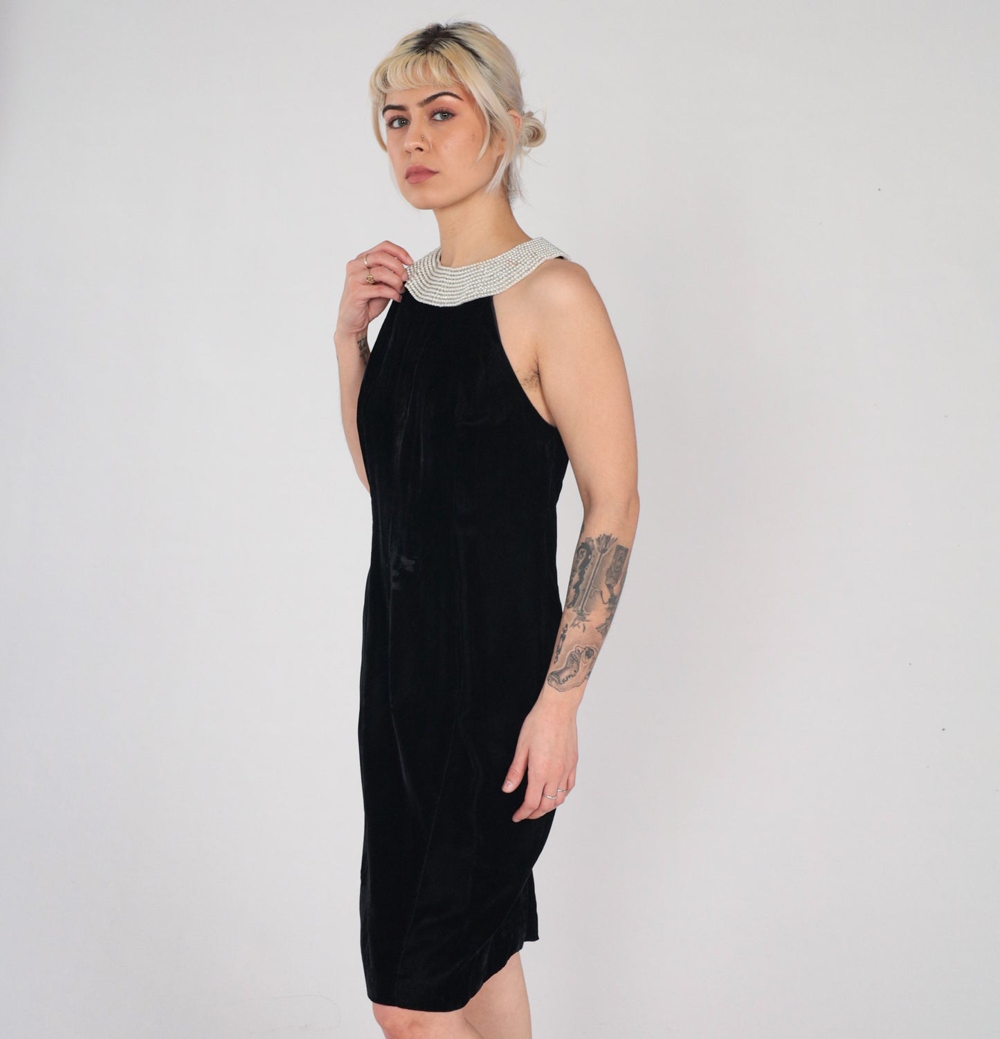 90s Black Velvet Mini Dress Pearl Beaded Sleeveless Sheath Small S