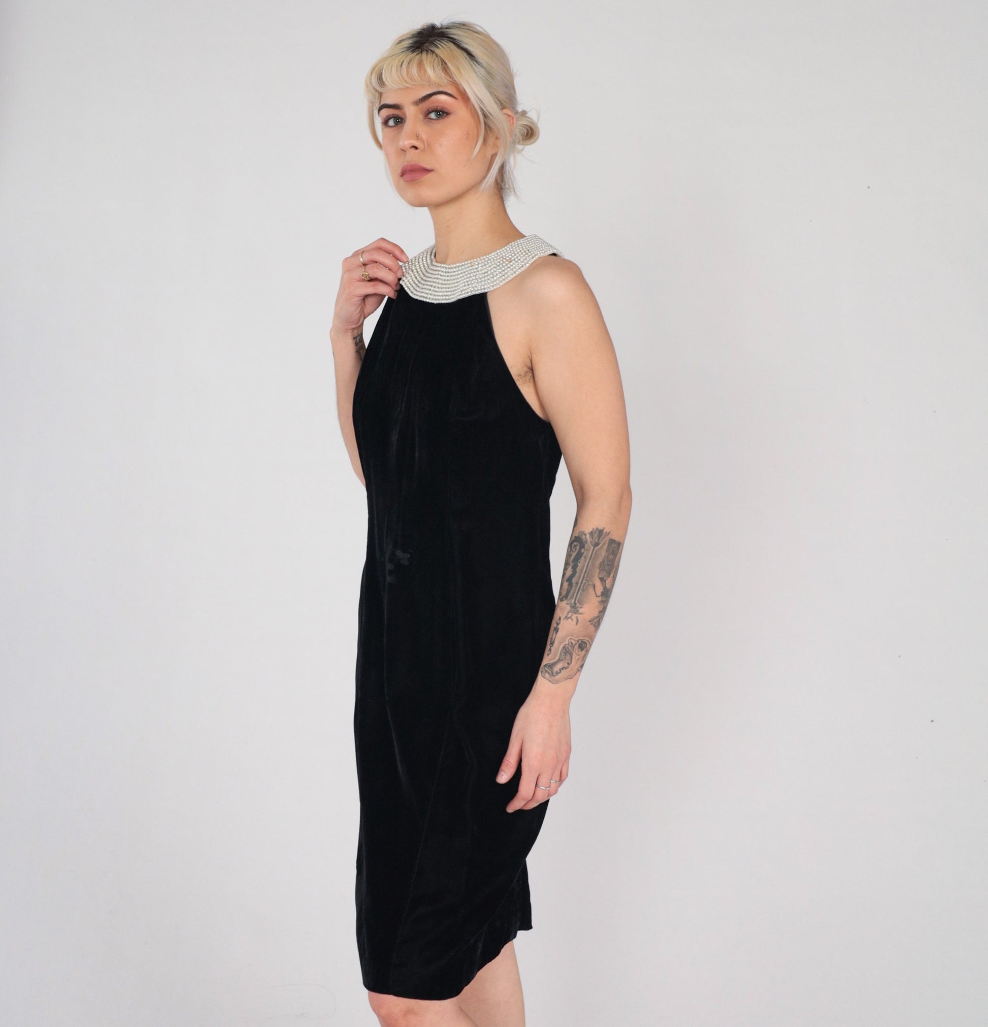 90s Black Velvet Mini Dress Pearl Beaded Sleeveless Sheath Small S