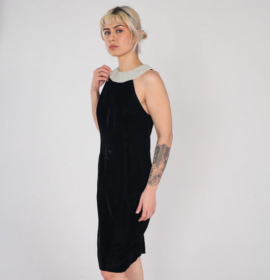 90s Black Velvet Mini Dress Pearl Beaded Sleeveless Sheath Small S