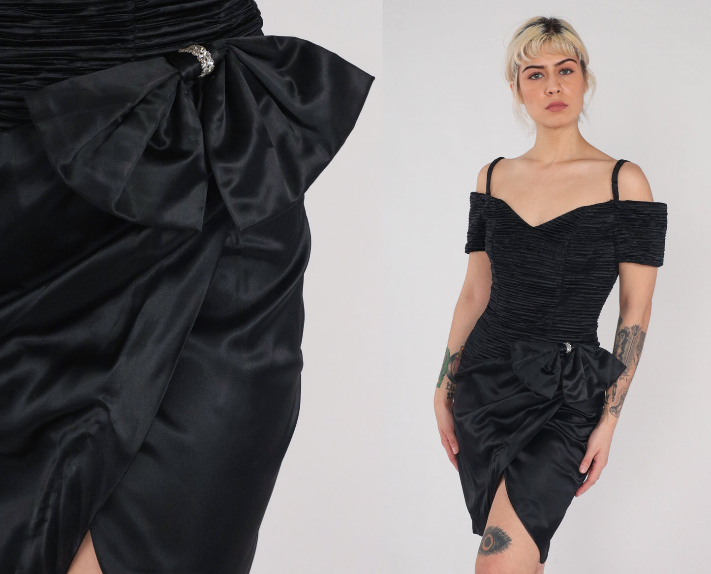 90s Zum Zum Black Velvet Mini Dress Off-Shoulder Rhinestone Bow XS
