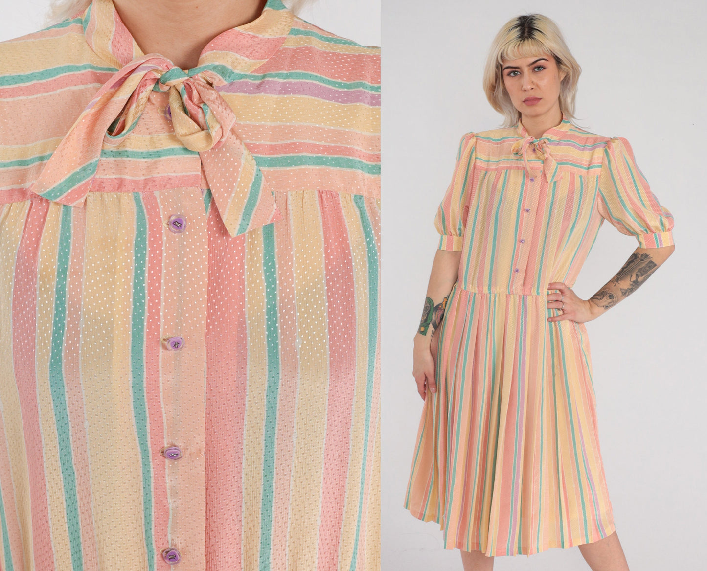 90s Striped Midi Dress Puff Sleeve Button-Up Necktie Bow High Waist Medium M