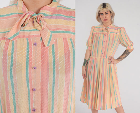 90s Striped Midi Dress Puff Sleeve Button-Up Necktie Bow High Waist Medium M