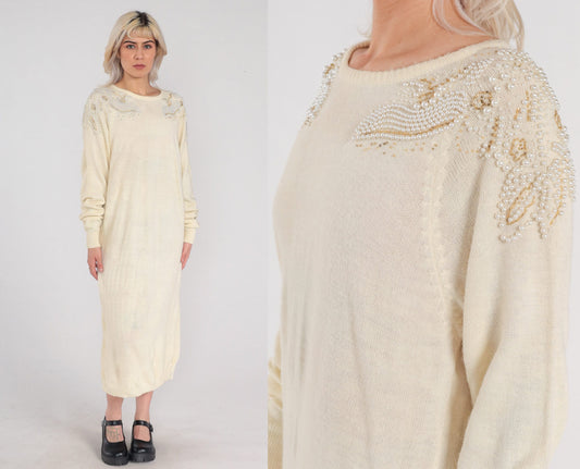 80s Cream Knit Midi Dress Pearl Beaded Shoulders Long Sleeve Shift Large L